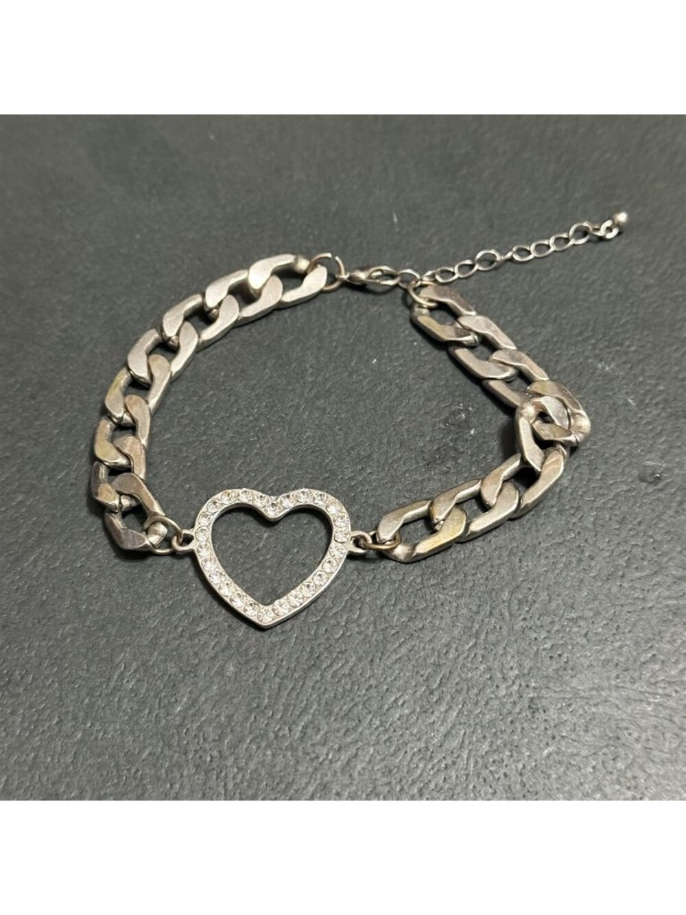Curb Chain Bracelet With Rhinestone Heart Silver Tone Large Size 10"